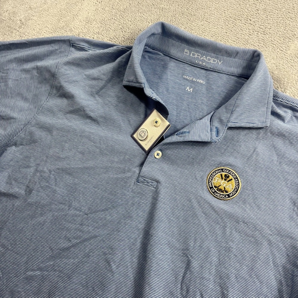 B. Draddy Mens PGA Metropolitan Section Striped Golf Polo Shirt Blue Size M